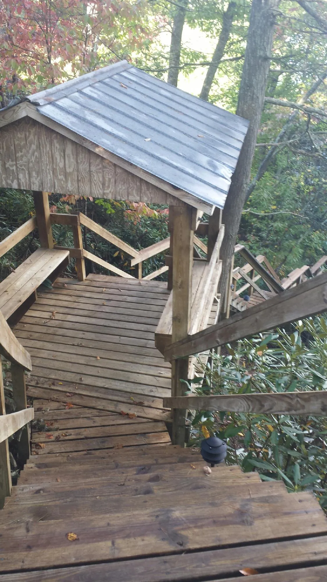 Metal roofed shelter over wooden steps on a wooded walkway — Skylight Repair & Installation work by our crew in Waucoma